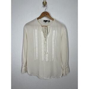 Theory Silk Embroidered Blouse Size P US 0-2 Ivory Silk Tassels